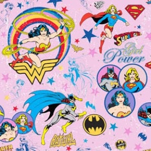 Reserved for Katie - 4 yards Girl Power Female Superheroes Circles on Pink Fabric Poster Style DC Comics Camelot Cottons
