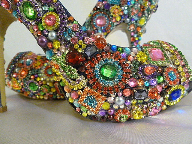 Cinderella's Rainbow... Brilliant colorful, crystal, glass and pearl embellished wedding and party shoes