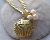 Locket Shell Nautical Pearls Valentine Fresh Water Ocean Beach Gold Plated Sea Vacation Summer Romantic Love Momento