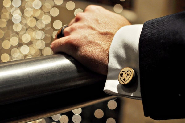 WOOD BURNED personalized wood tree trunk heart cuff links