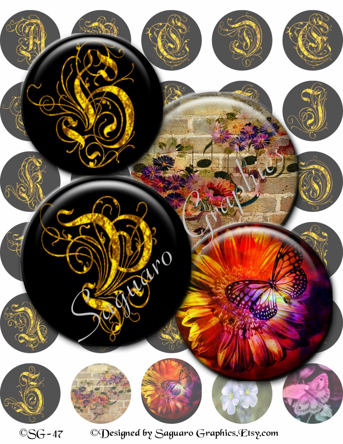 INTRICATE - 1.5 inch -  Lettering Digital Collage Sheet  for Pendants, Bottle Caps, Cabochons, Stickers, Magnets, Arts and Crafts