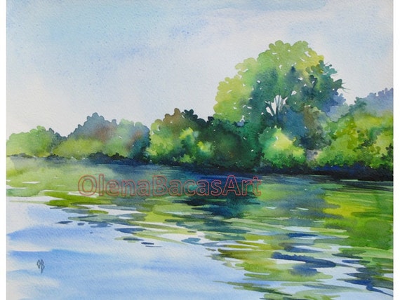 Reflection Watercolor Original Painting Landscape By Olenabacasart