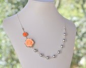 Bridesmaid Jewelry Peach and Coral Rose Asymmetrical Grey Pearl Necklace.  Fashion Rose Necklace.  Wedding Jewelry. Bridal Party Jewelry.