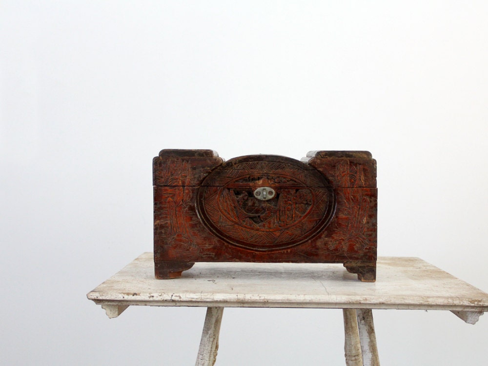 Vintage Asian Jewelry Box / Carved Teak Small Chest
