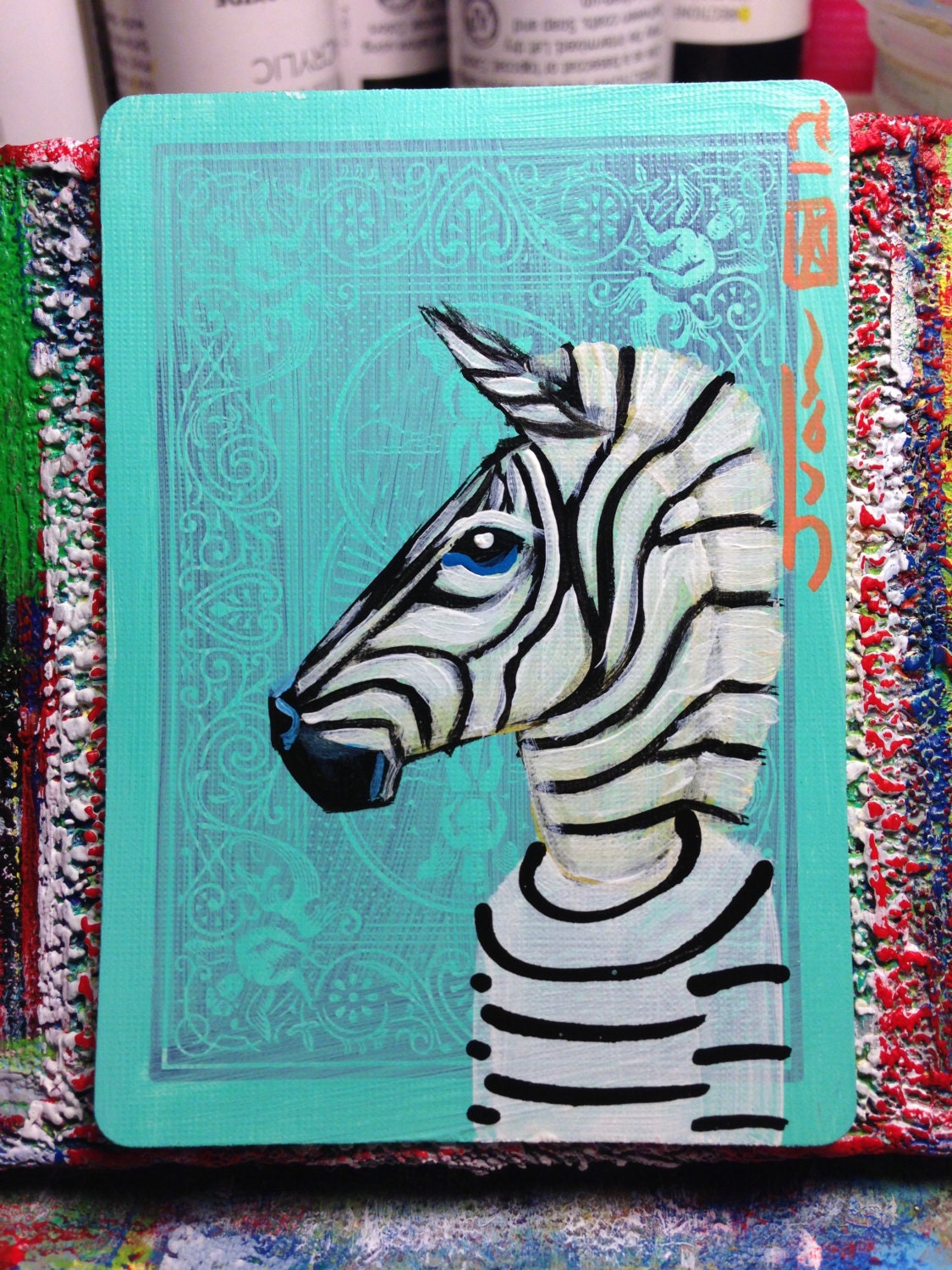 Sale--Zebra portrait N6 on a playing cards. Original acrylic painting. 2012
