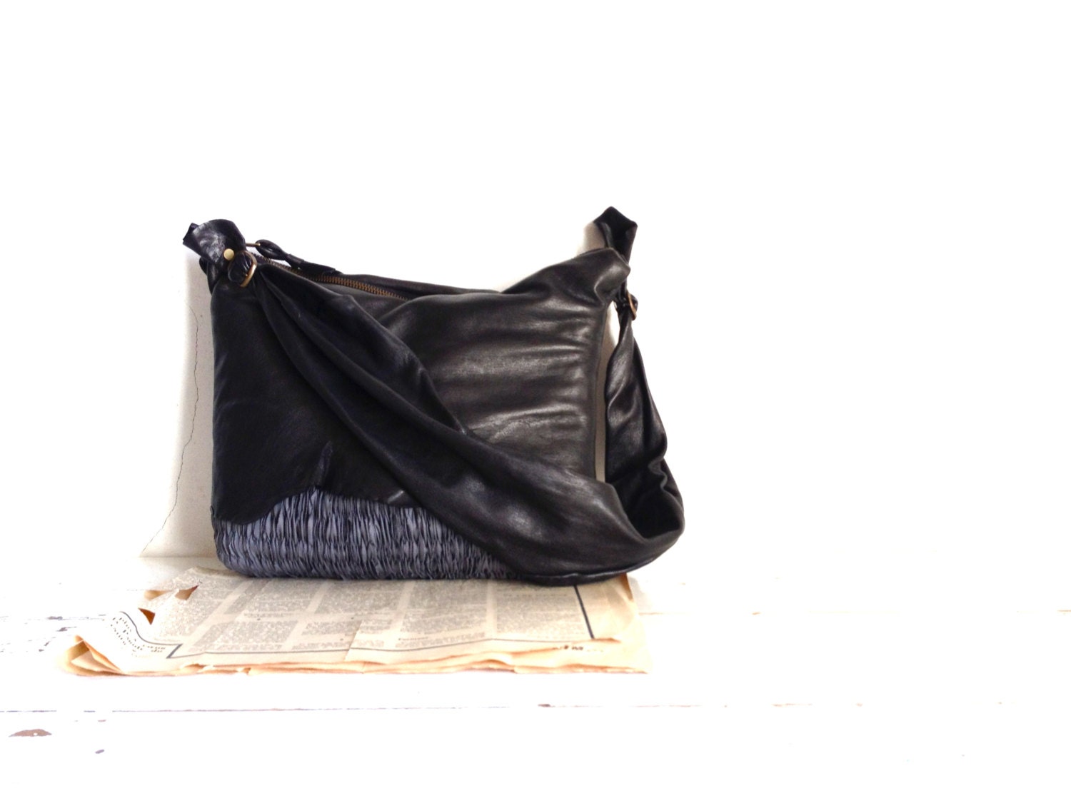 Black Slouchy Handbag in Black or Chocolate with Slate Grey Handweave.  Made to Order. Other Colours available