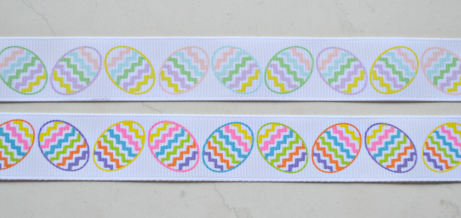 Pastel and bright chevron Easter eggs on white 7/8" grosgrain ribbon- Easter Il_170x135