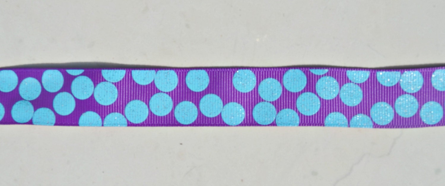 Turquoise blue sparkly silly dots printed on purple 7/8"  grosgrain ribbon- Gorgeous in person