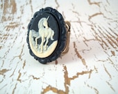 Black Ivory Unicorn Bronze Ring - Vivre Un Rêve - Victorian Fantasy White Cameo Dreamy Fairytale Filigree Silver
