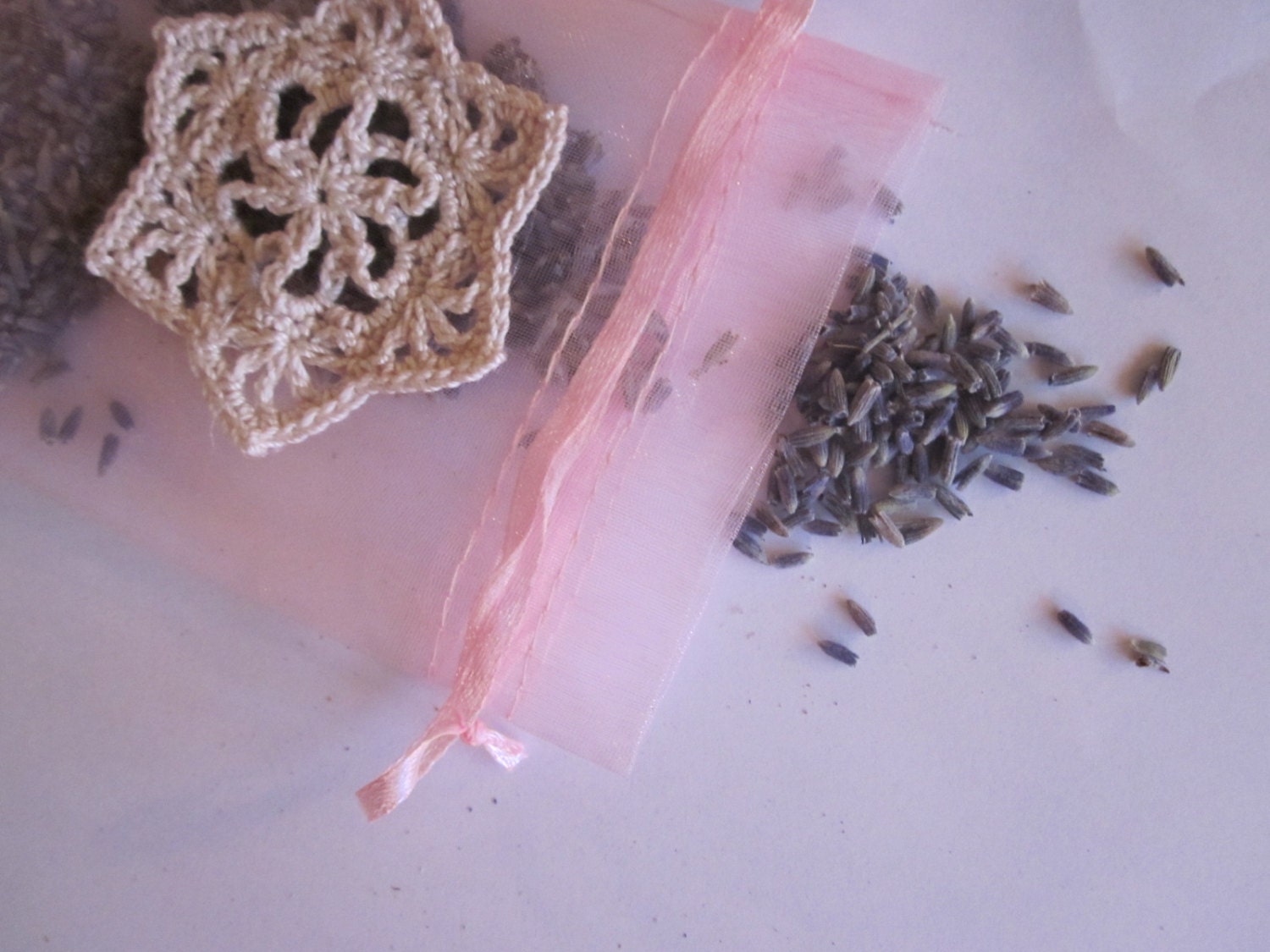 Large Lavender Sachet, Air or Sheet Freshener, Refillable Gauze Bag with Crocheted Lace Star, Pink, Dried Lavender Flowers