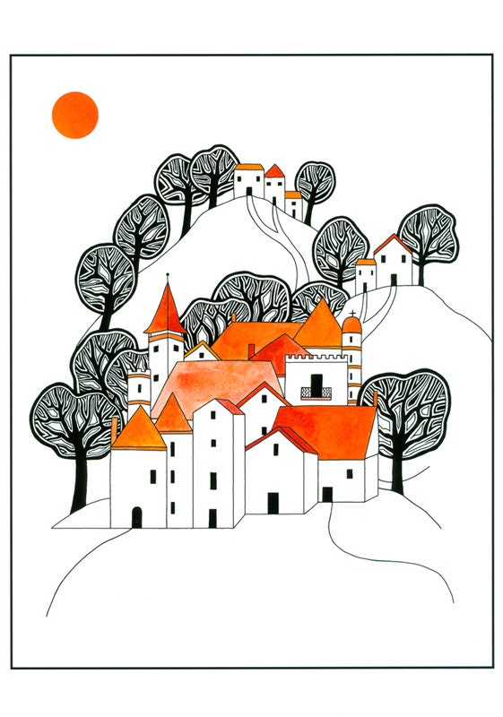 10" x 8" Illustration Art Print Ink And Watercolour Drawing Hilltop Village Orange Black Graphic Art Trees Houses