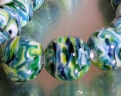 Handmade Lampwork Teal, Green and Dark Blue swirled  Round Beads (14)- Spring Breeze Collection - LEteam - LEteam