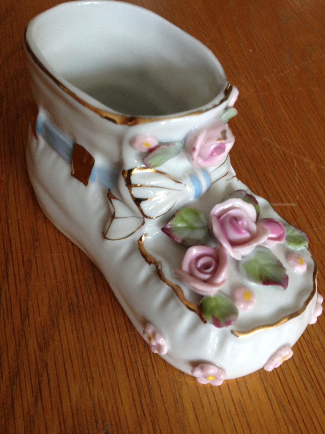 Baby Shoe Bootie Planter White Porcelain and Pink Roses