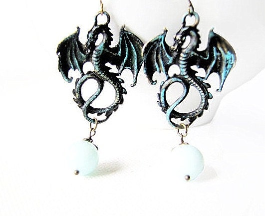 Victorian Dragon Earrings Patina Gothic Earrings Steampunk Earrings Flying Dragon Earrings