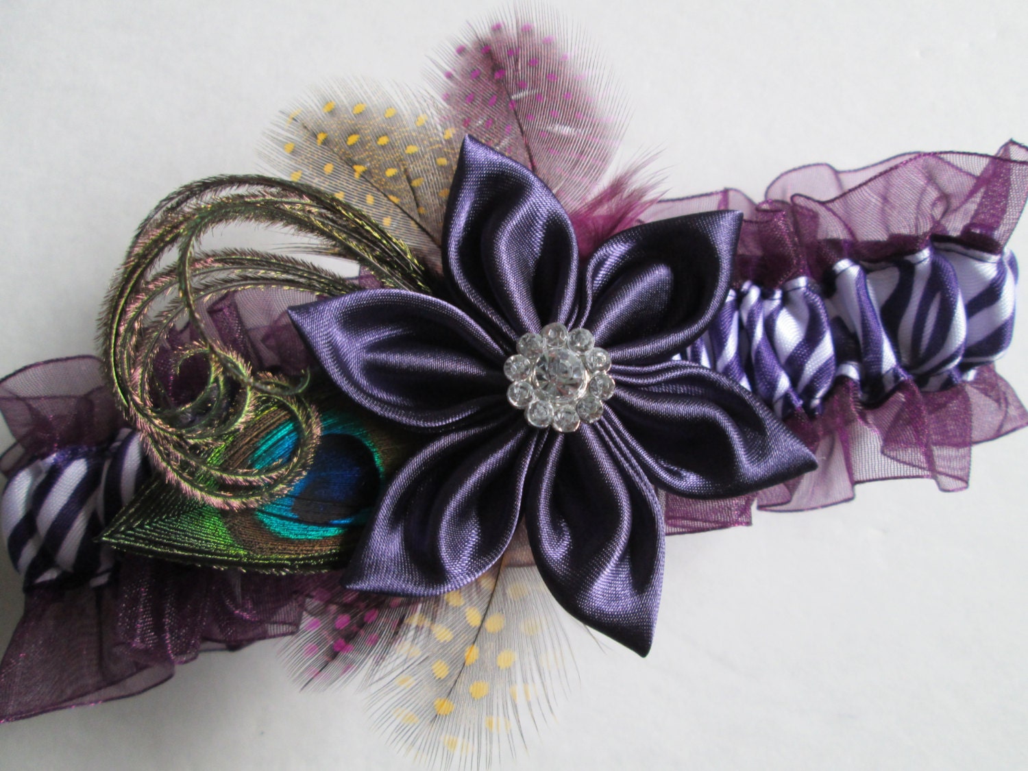 Single Wedding Garter, Purple Zebra Garter, Purple Garter, Peacock Feather Garter, Prom Garter, Steampunk Garter, Rustic Garter