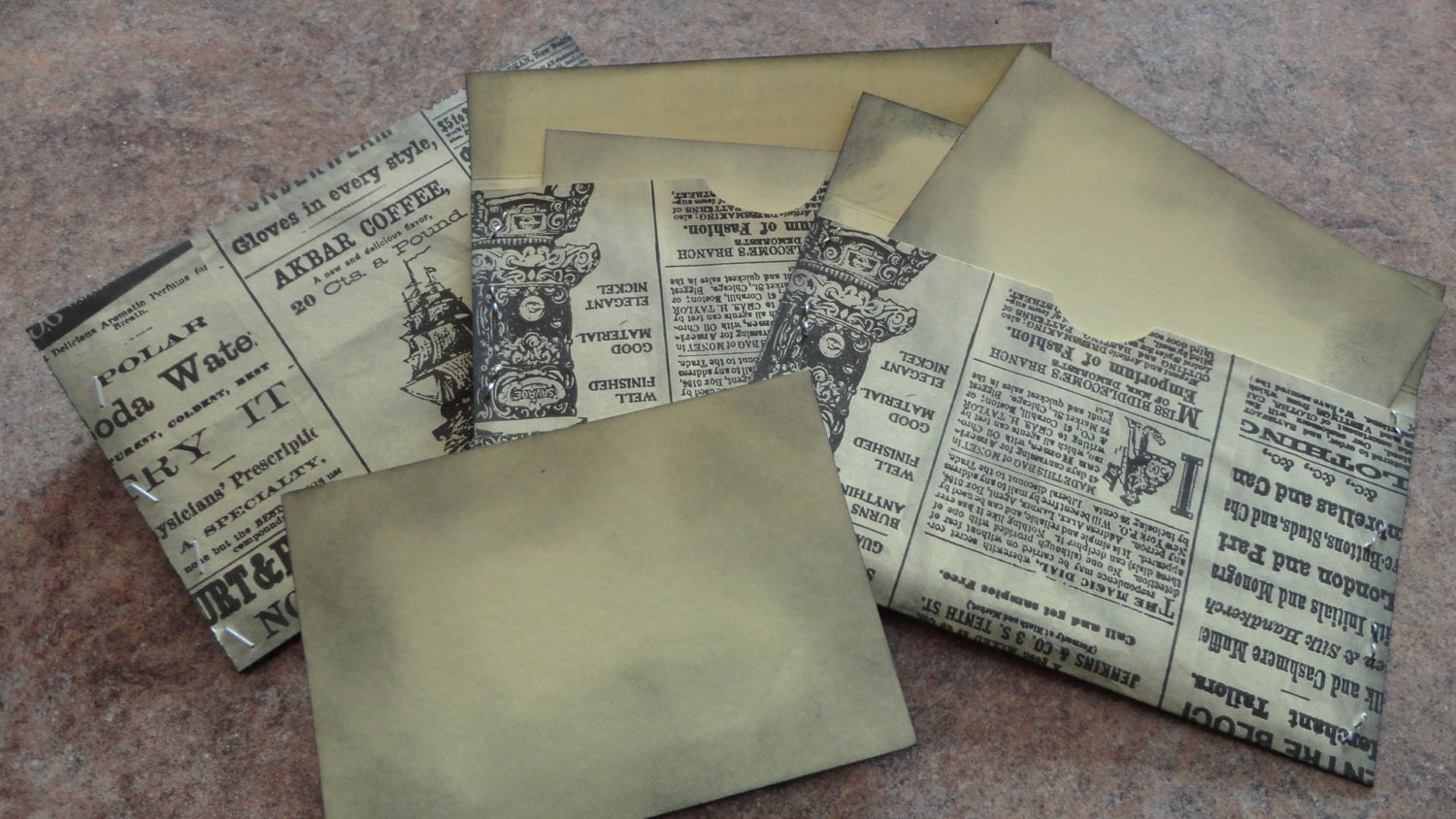 Newsprint patterned Cardstock Handmade Envelopes with flat notes