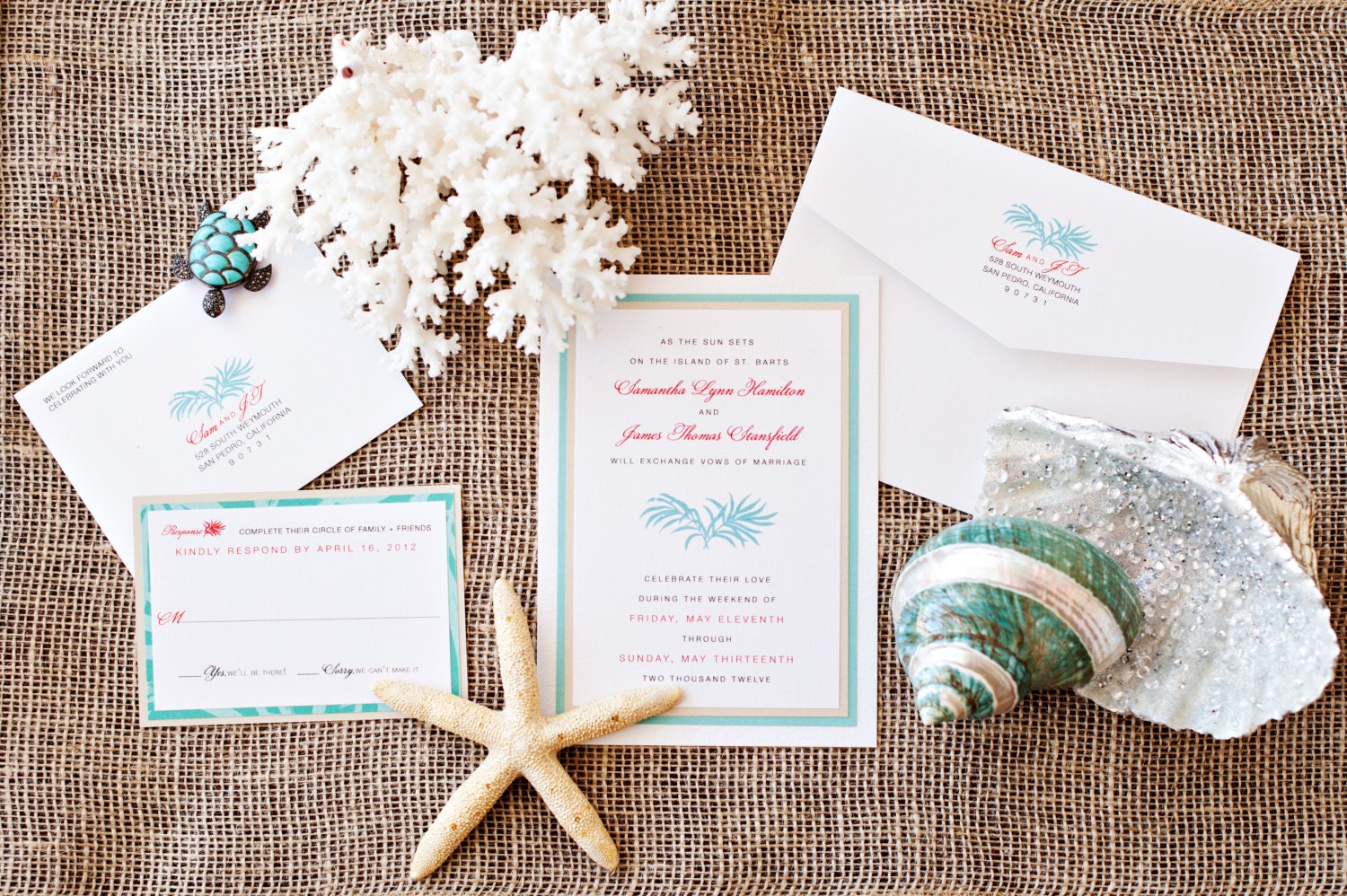 Palms Destination Wedding Invitation Suite in Coral and Turquoise, Purchase to Start the Ordering Process
