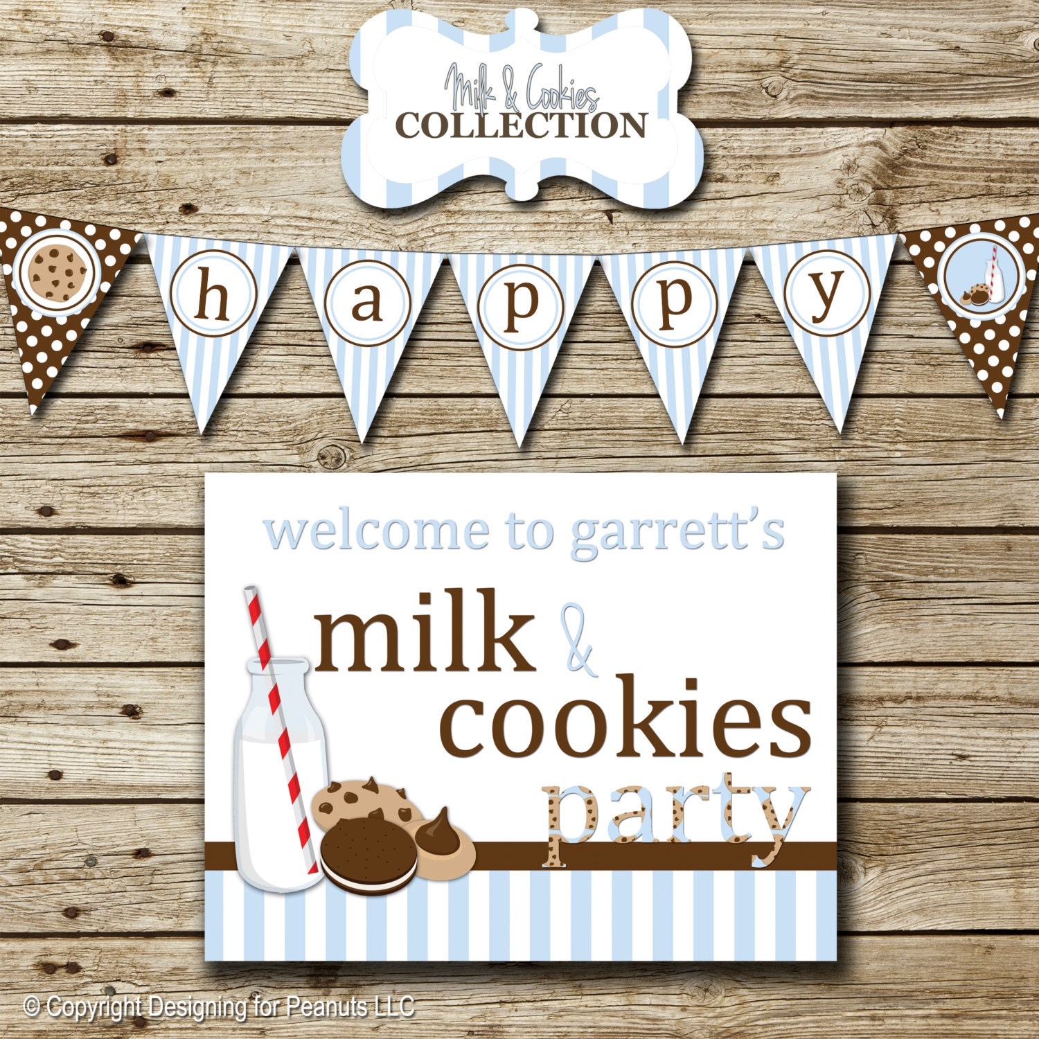 Milk & Cookies Personalized Printable Birthday Party Pack: invitation, thank you, banner, sign, party circles, favor tags, food/drink labels