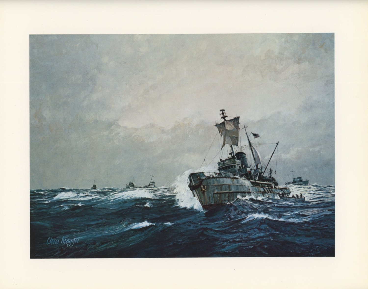 Pacific Ordeal, Marine Painting, Chris Mayger, Antique Print, USA, 1976