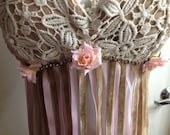Sexy Bohemian Handmade one of a Kind Beige Crocheted Ribbon Velvet Flower Top