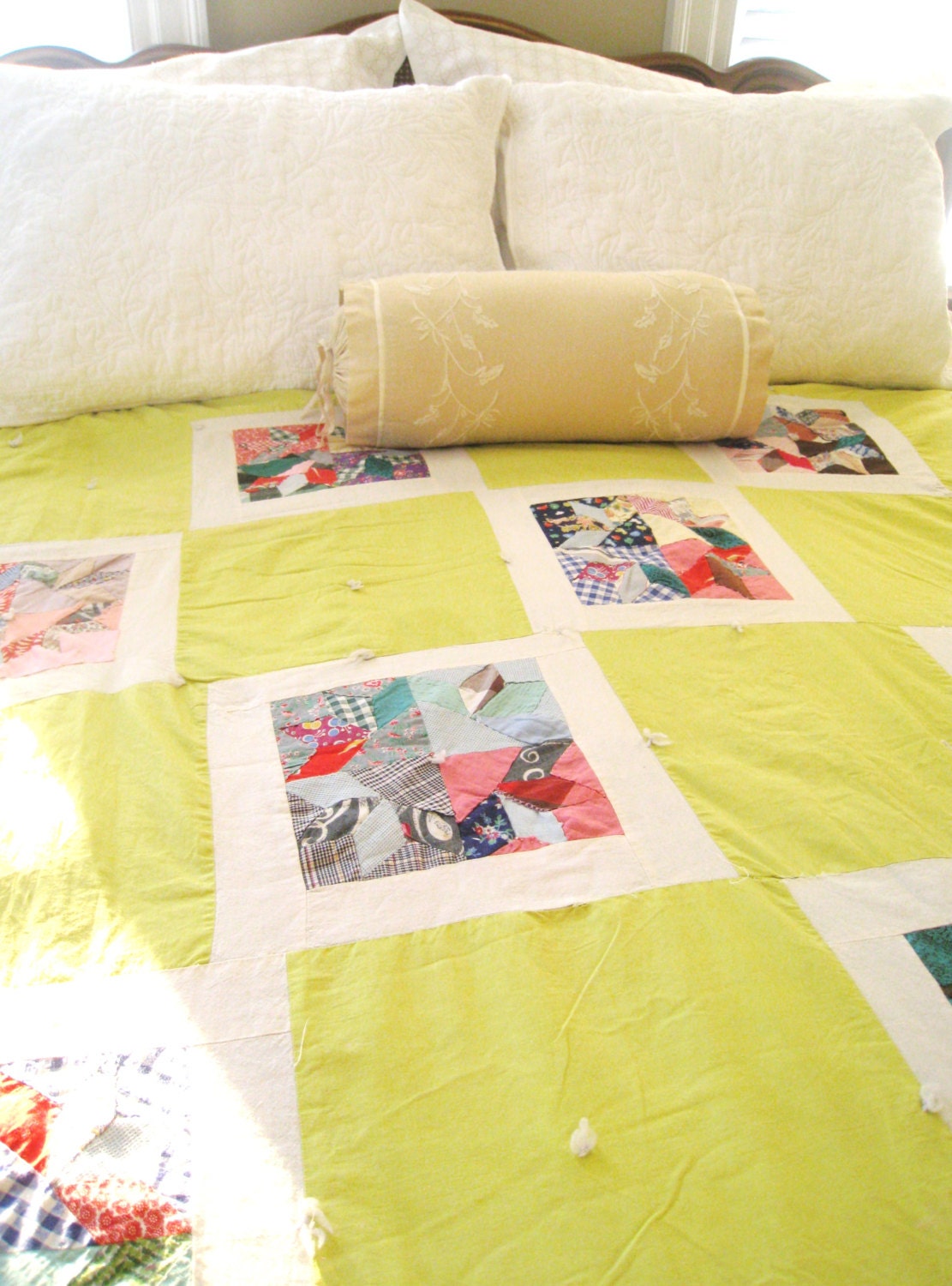 Mid Century quilt, Full/Queen, Hand tied, Crazy squares, Spring colors, Gift, Decor, Eclectic, Mod,Lime,Retro