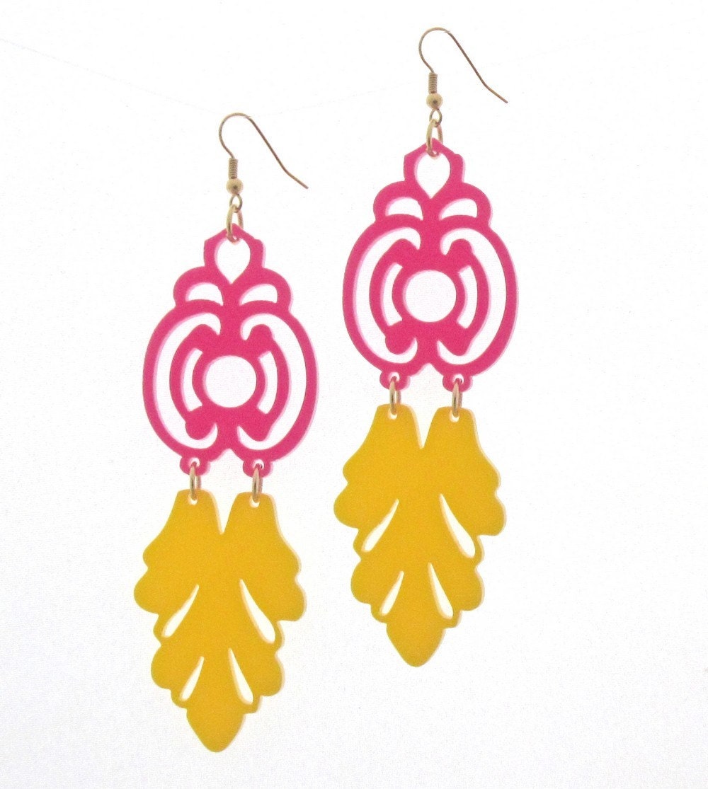 Baronyka Pink And Yellow Florentine Earrings (Acrylic Laser Cut Earrings)