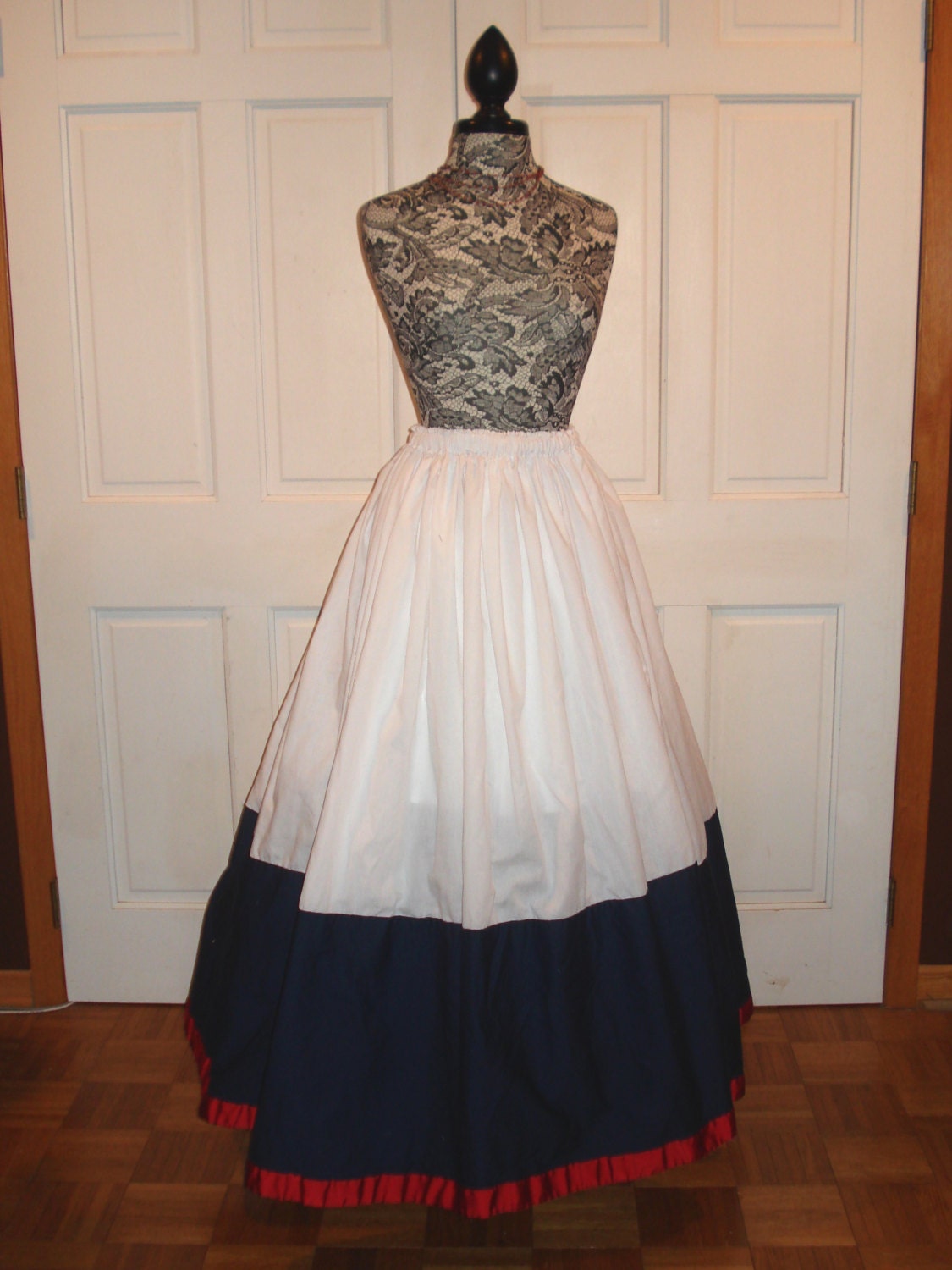 White and Blue Full Length Petticoat with Red Ribbon Trim