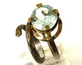 Silver & Brass Blue Topaz Ring size 7 1/4, Adjustable OOAK Statement Ring
