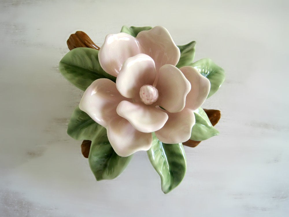 Vintage Pink Magnolia Blossom Ceramic Floral Figurine