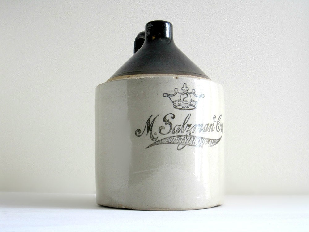 Antique Advertising Stoneware Jug - Rustic Industrial Decor