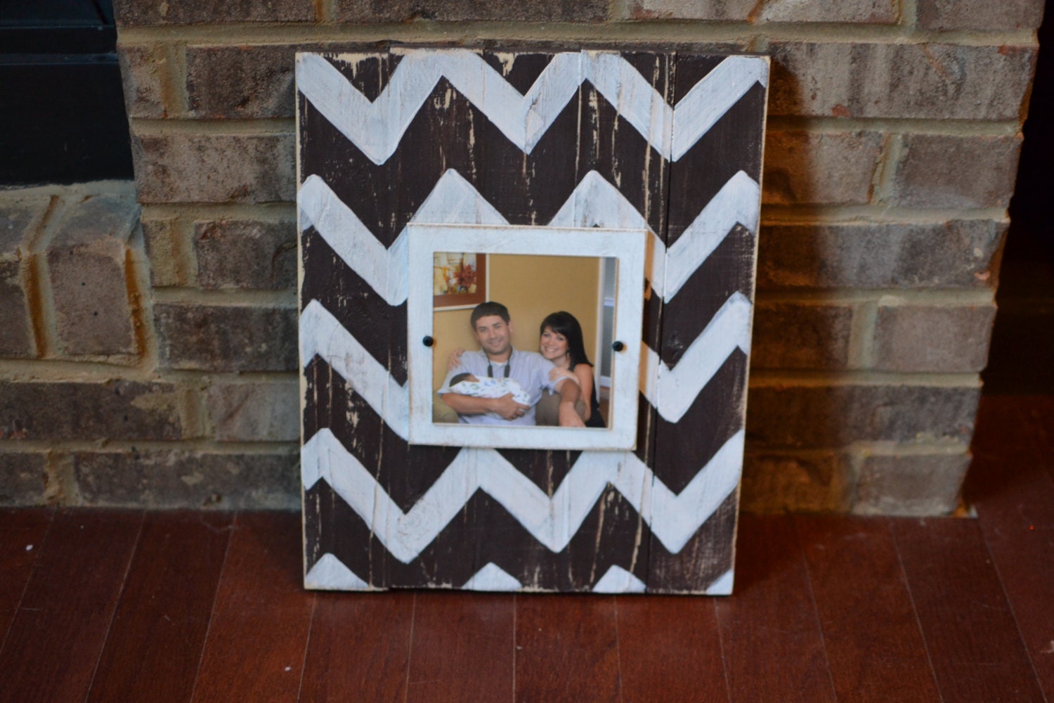 Fence Style Frame - Chocolate Brown & White Chevron Pattern - Hand Painted and Distressed - 5x5 Photo Opening