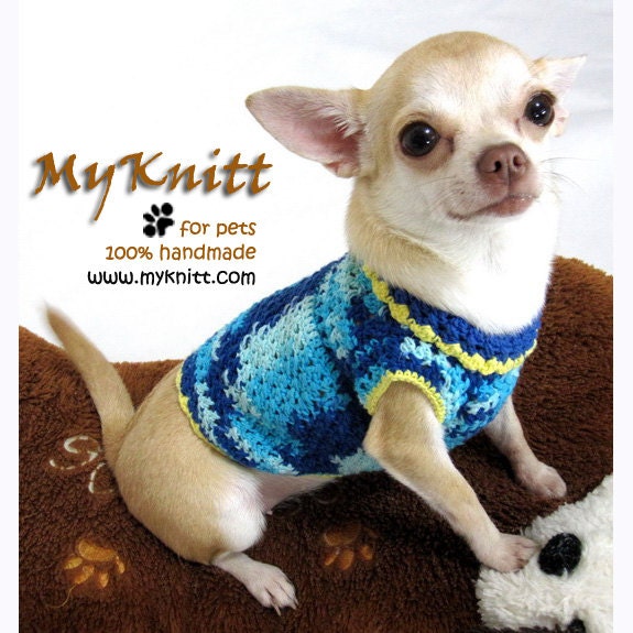 Navy Blue Turquoise Chihuahua Clothing Extra Small Dog Clothes Cat Shirts Handmade Crochet D877