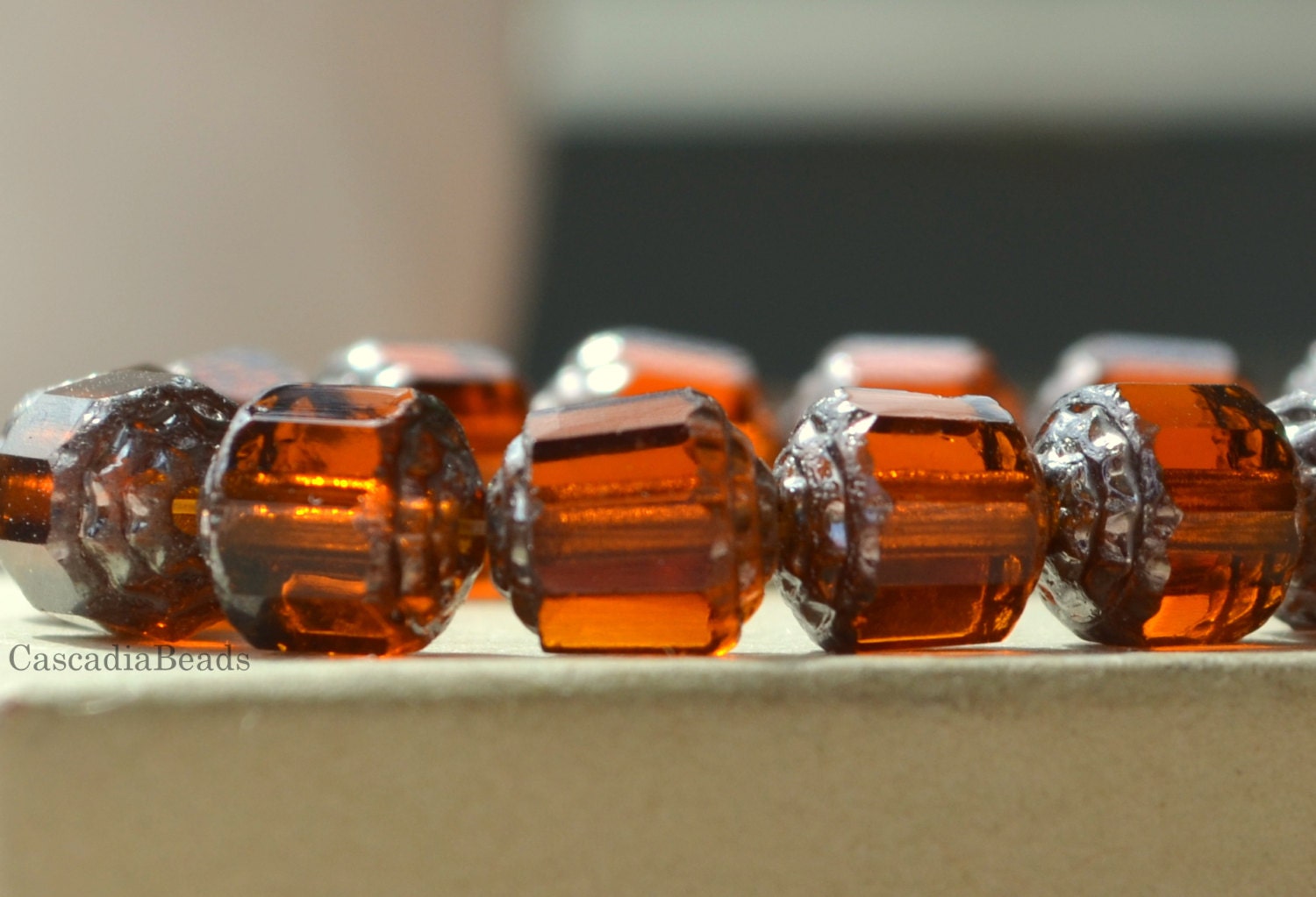 Czech Glass Bead - Antique Cathedral Octagon - Bottle Brown - Silver Picasso - 10 -  10mm  (cab-718)