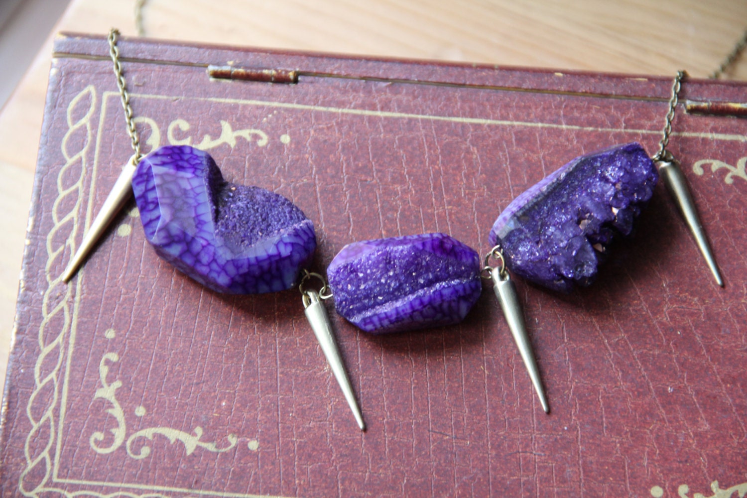 large purple druzy agate geode stones and gold matte spikes necklace