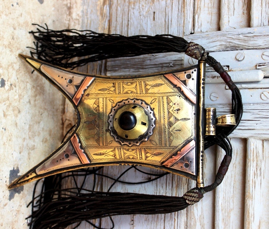 Huge Tuareg Magical Amulet  ' Tscherot ' made of Copper and Ebonywood decoration
