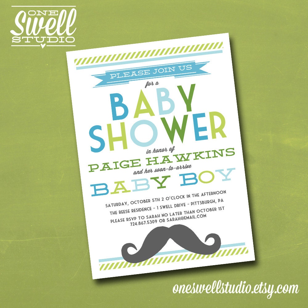 Blue and Green Little Man Mustache Bash DIY Printable Baby Shower Invitation