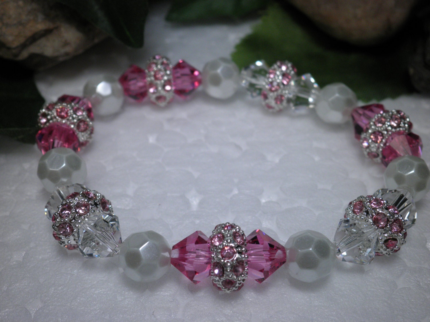 Pink Crystal And Mother Of Pearl Stretch Bracelet