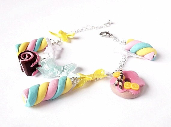 Charm Bracelet Marshmallows and Doughnuts Bracelet, Silver Jewelry, Funny Jewelry, Polymer Clay