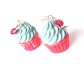 Blue Cupcake Earrings Polymer Clay Kawaii Jewelry Funky Earrings Silver Earrings Blue Red Strawberry Cupcakes