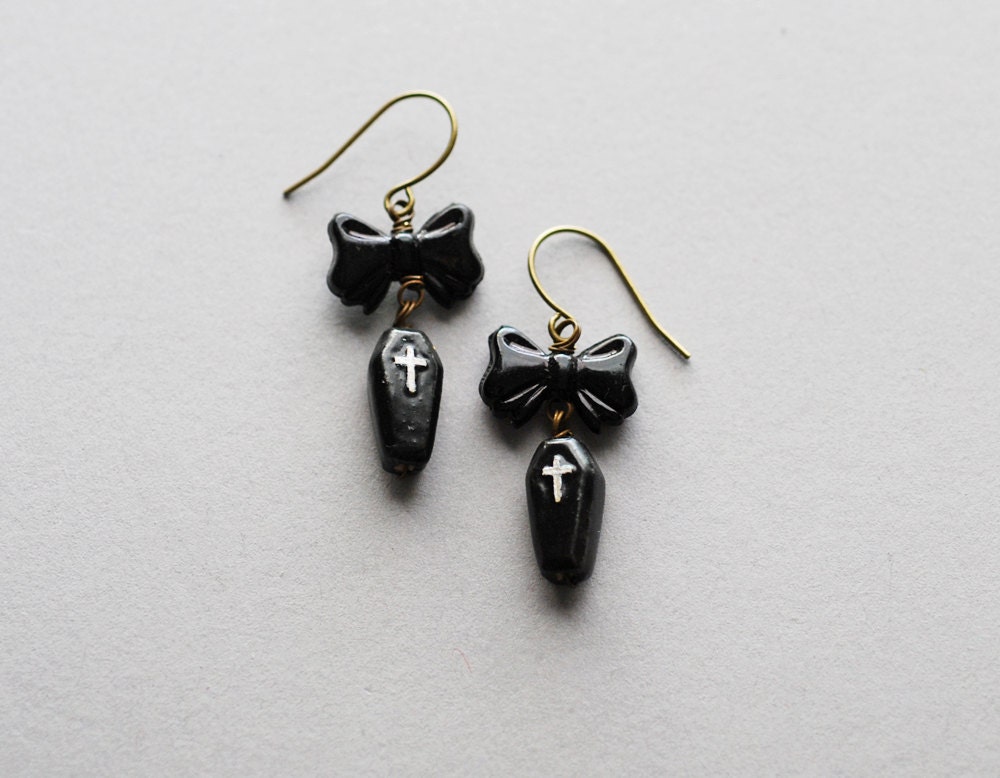 sweet death. ceramic coffin and black bow earrings.