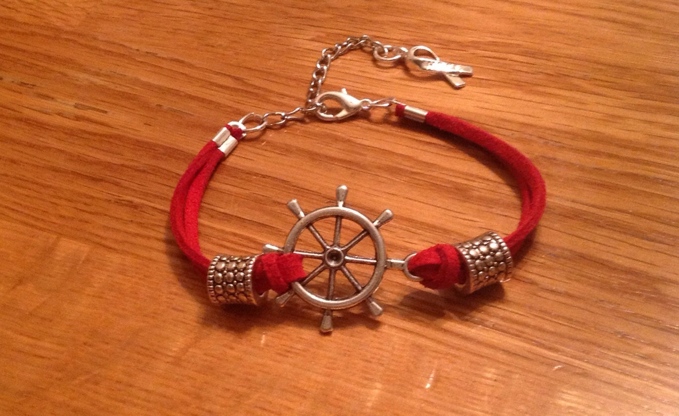 Red nautical ship wheel and hope ribbon bracelet