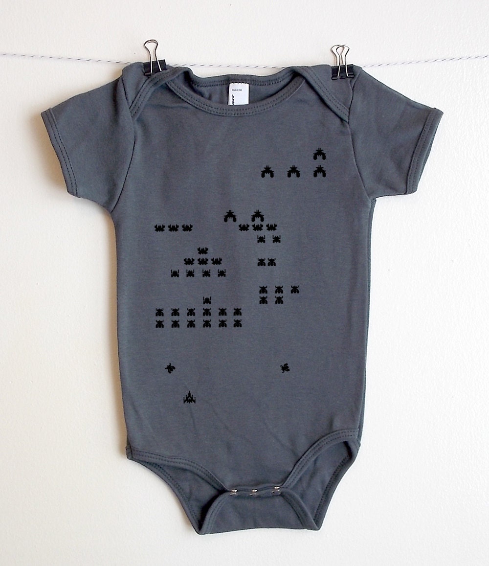 Baby Onesie - Retro Galaga Battle - American Apparel Bodysuit - Available in 3-6MO, 6-12MO, and 12-18MO
