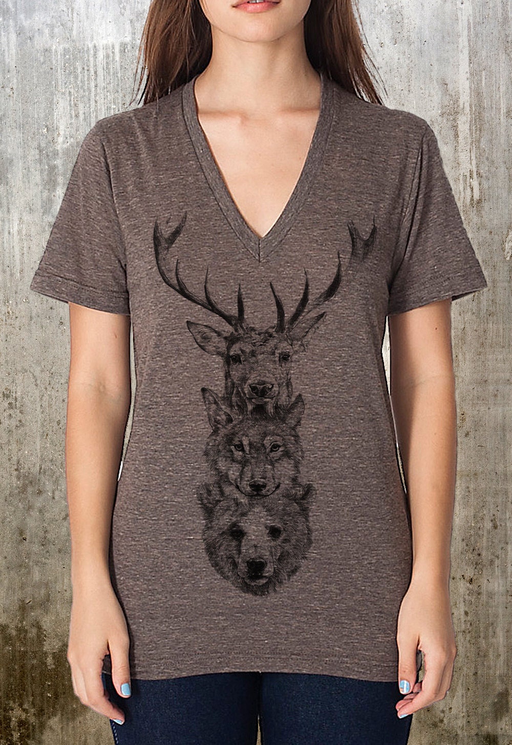Women's Tri Blend V-Neck T-Shirt - Elk Wolf Bear Totem - American Apparel - Available in S, M, L and XL