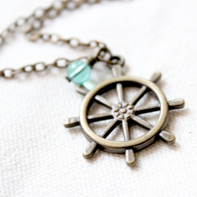 Anchor Necklace Nautical Wheel Ship with Teal Round Bead Jewelry