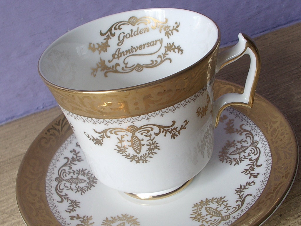 Antique gold tea cup, Vintage 1940's Royal Chelsea 50th Anniversary tea set, English tea cup, gold and white bone china tea cup