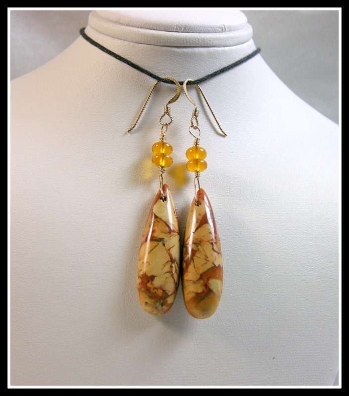 Dangling Carrasite Jasper and Oregon FIre Opal Earrings