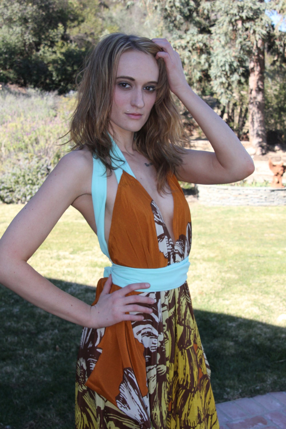 Sea Foam Green and Tribal Maxi Halter Dress
