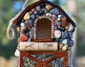 Moasic Birdhouse - Barn with Recycled Wine Corks and Ocean Agates