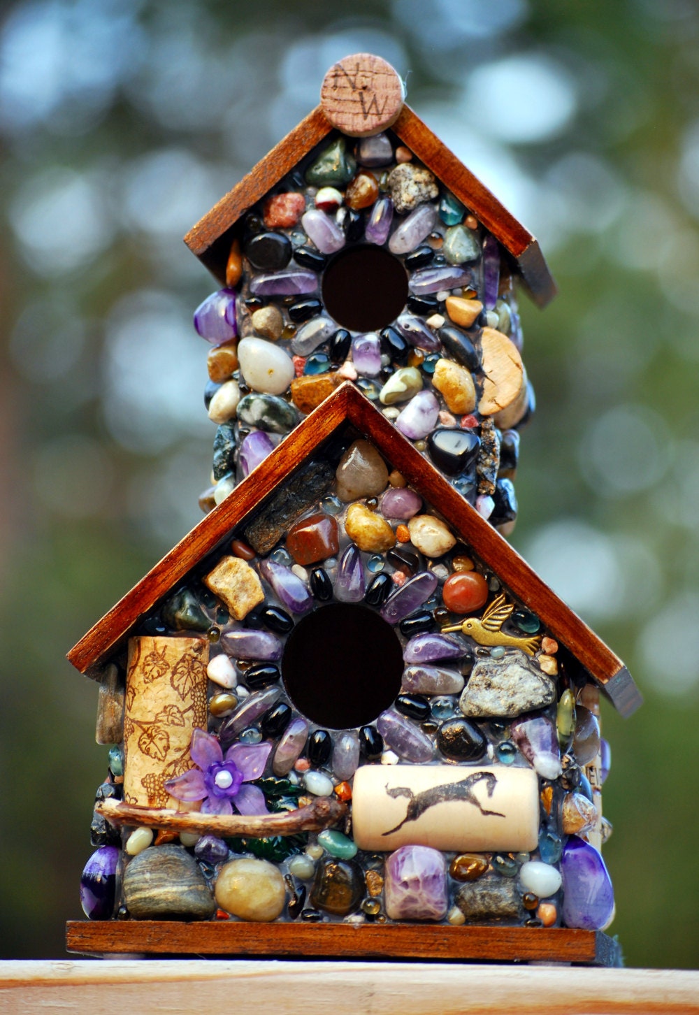 Outdoor Mosaic Birdhouse with Amethyst Stones,beach  Agates and wine corks