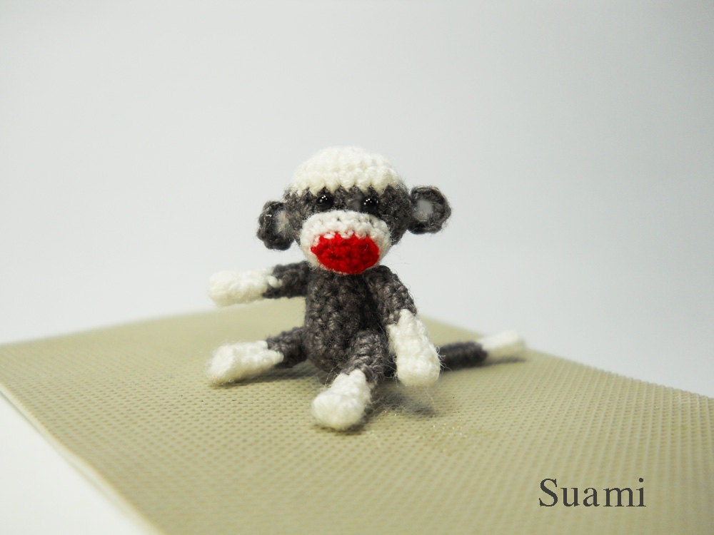 Tiny Sock Monkey 1 inch - Micro Amigurumi Crochet Miniature Sock Monkey Stuff Animal - Made To Order